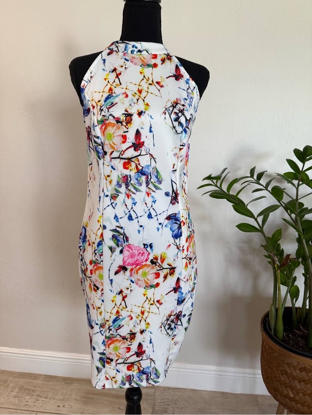 VENUS Floral Stretch Midi Dress Sleeveless High Neck Women's Approx. Small